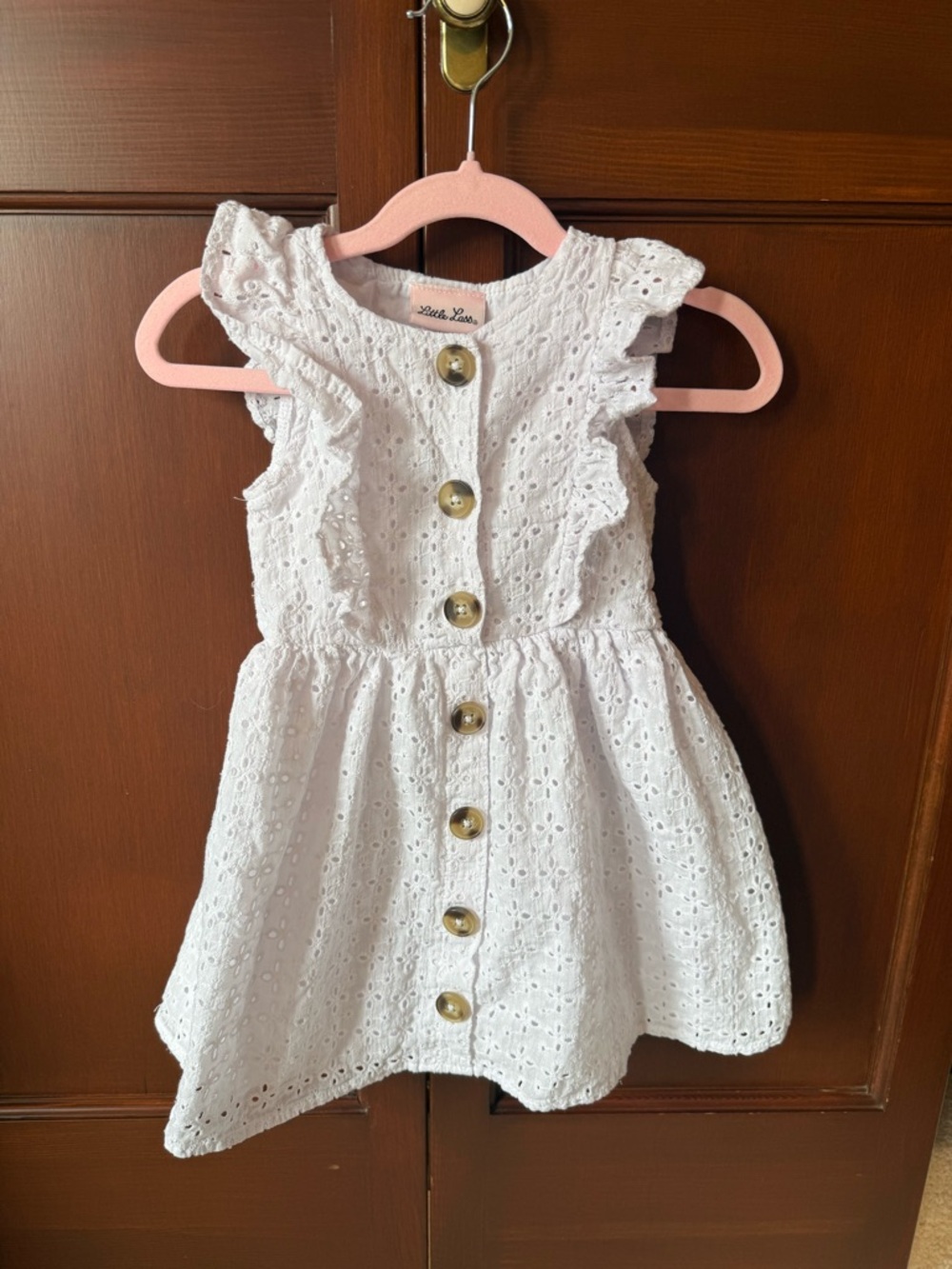 Little Lass White Eyelet Button Dress with Ruffle Sleeves